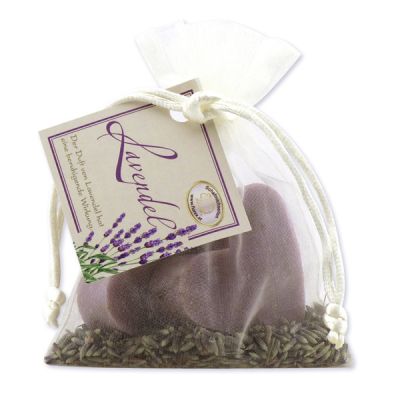 Schafmilchseife Herz mittel 2x23g mit Lavendelblüten in Organzasackerl, Lavendel 
