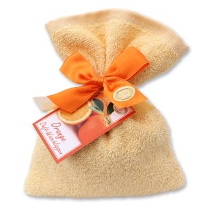 Wash cloth 16x21cm filled with sheep milk soap needles 200g, Orange 