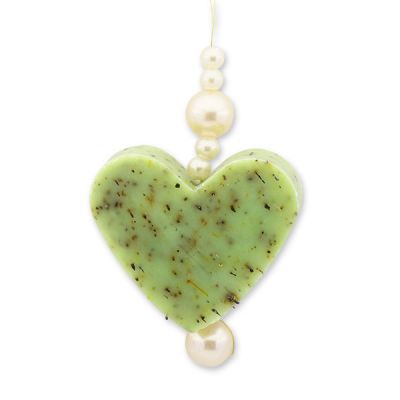 Schafmilchseife Herz mittel 23g hängend dekoriert mit Perlen, Bergkräuter 