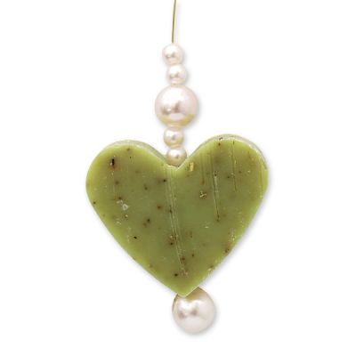 Schafmilchseife Herz mittel 23g hängend dekoriert mit Perlen, Eisenkraut 