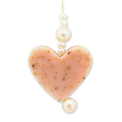 Sheep milk heart soap 23g hanging decorated wtih pearls, Wild rose with petals 