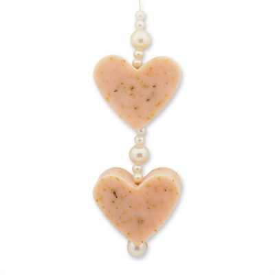 Sheep milk soap heart 2x23g hanging decorated with pearls, Wild rose with petals 