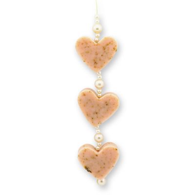 Schafmilchseife Herz mittel 3x23g hängend dekoriert mit Perlen, Wildrose mit Blüten 