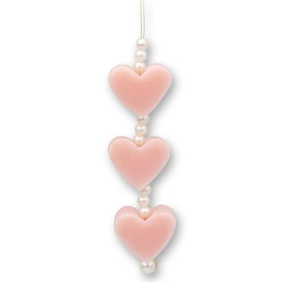 Sheep milk soap heart 3x8g hanging decorated with pearls, Peony 