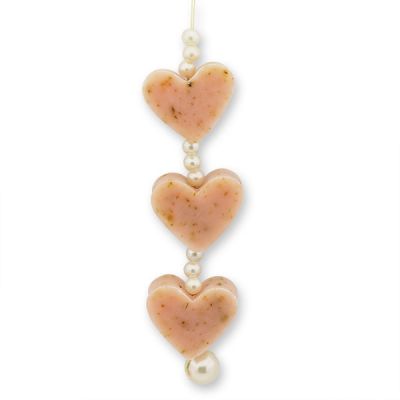 Sheep milk soap heart 3x8g hanging decorated with pearls, Wild rose with petals 