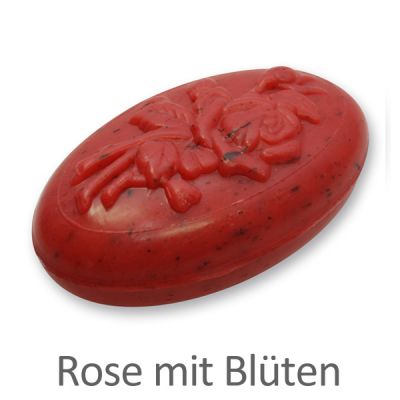 Schafmilchseife oval mit Rose 118g, Rose mit Blüten 