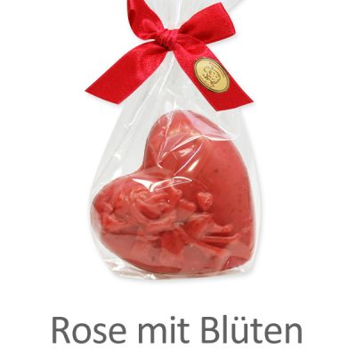Schafmilchseife Herz mit Rose 116g in Cello, Rose mit Blüten 