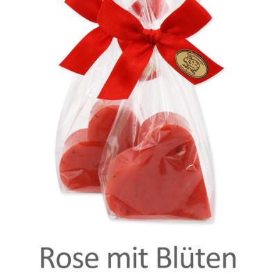 Schafmilchseife Herz midi plus 65g in Cello, Rose mit Blüten 