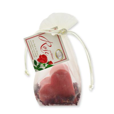 Schafmilchseife Herz midi plus 65g mit Rosenblüten in Organzasackerl, Rose mit Blüten 