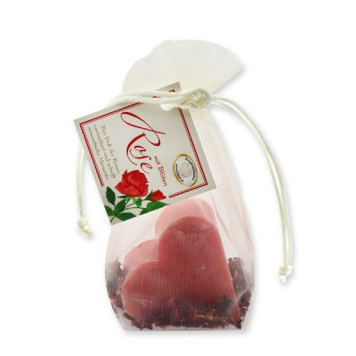 Schafmilchseife Herz midi plus 65g mit Rosenblüten in Organzasackerl, Rose mit Blüten 