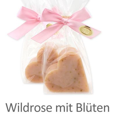 Sheep milk soap heart 65g in a cellophane, Wild rose with petals 