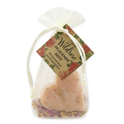 Sheep milk soap heart 65g with rose petals in organza bag "feel-good time", Wild rose with petals 