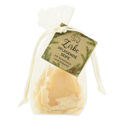 Sheep milk soap heart 65g with swiss pine shavings in organza bag "feel-good time", Swiss pine 