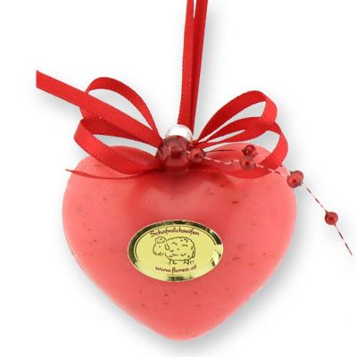 Sheep milk soap heart chubby small 30g hanging, decorated with a pearl ribbon, Rose with petals 