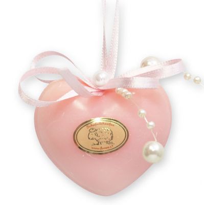 Sheep milk soap heart chubby small 30g hanging decorated with a pearl ribbon, Peony 