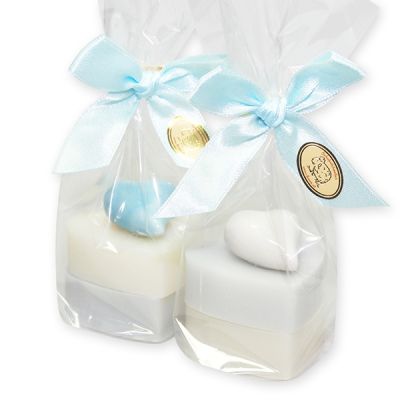 Sheep milk heart soap 23g decorated with a ceramic heart in a cellophane, Classic/'forget-me-not' 
