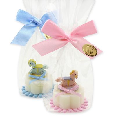 Sheep milk soap flower 20g decorated with a rocking horse in a cellophane bag, Classic 