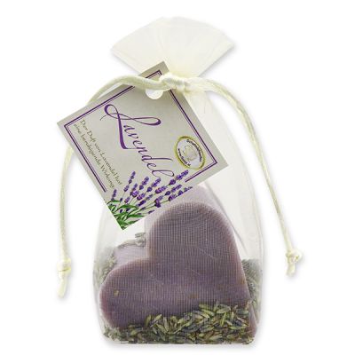 Sheep milk soap heart 85g decorated with lavender petals in organza, Lavender 