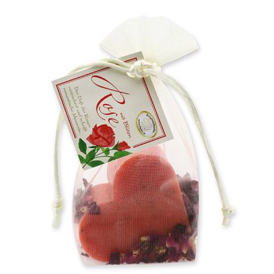 Schafmilchseife Herz groß 85g mit Rosenblüten in Organzasackerl, Rose mit Blüten 