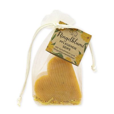 Sheep milk soap heart 85g with marigold petals in organza bag "feel-good time", Marigold 