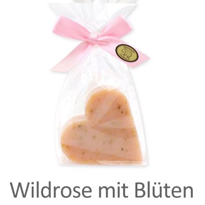 Schafmilchseife Herz groß 85g in Cello, Wildrose mit Blüten 