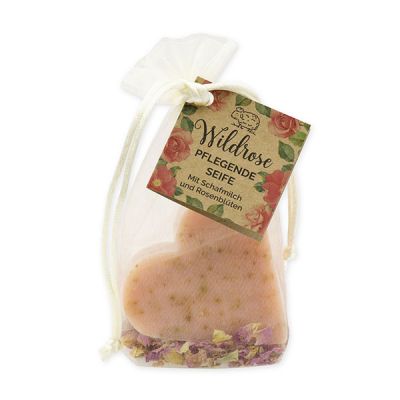 Sheep milk soap heart 85g with rose petals in organza bag "feel-good time", Wild rose with petals 