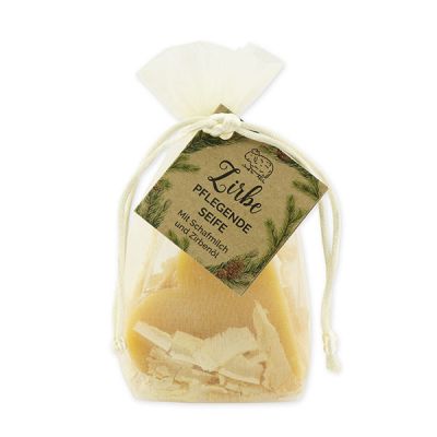 Sheep milk soap heart 85g with swiss pine shavings in organza bag "feel-good time", Swiss pine 