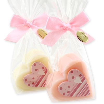 Sheep milk soap heart 85g decorated with a heart in a cellophane bag, Classic/Peony 