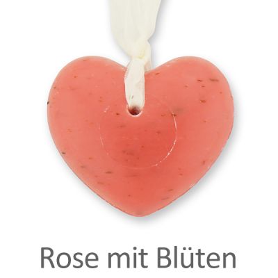 Schafmilchseife Herz mollig 60g hängend mit Organzaband, Rose mit Blüten 