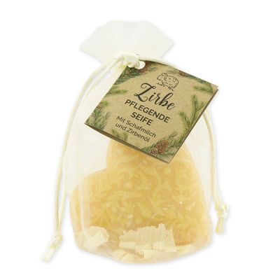 Sheep milk soap heart Florex 80g with swiss pine shavings in organza bag "feel-good time", Swiss pine 