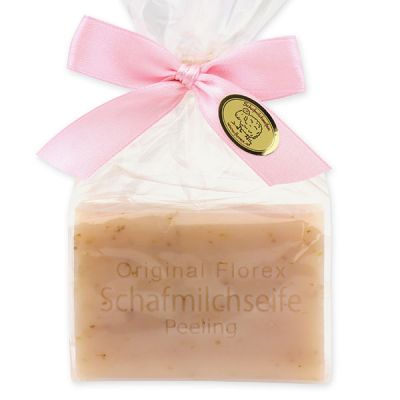 Sheep milk soap square 100g in a cellophane bag, Peeling with poppy pink 
