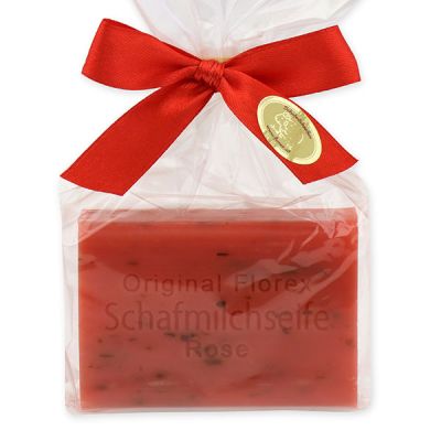 Sheep milk soap square 100g in a cellophane bag, Rose with petals 