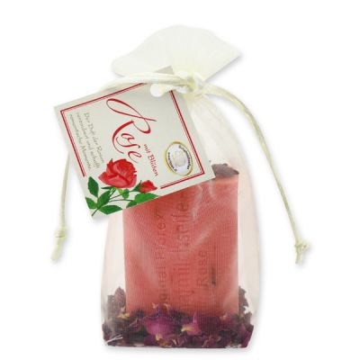 Schafmilchseife eckig 100g mit Rosenblüten in Organzasackerl, Rose mit Blüten 