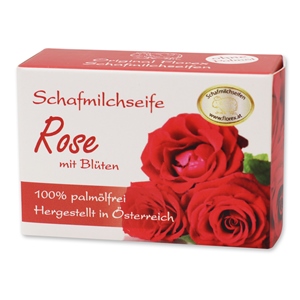 Palmölfreie Schafmilchseife eckig 100g Schachtel, Rose mit Blüten 