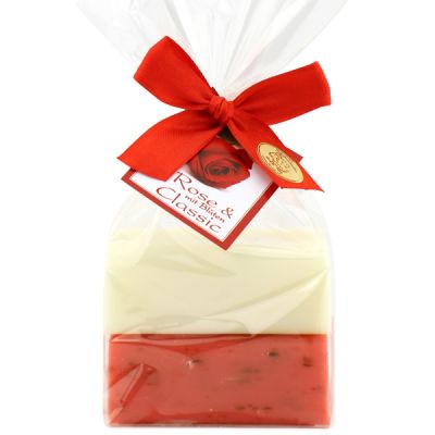 Sheep milk soap square 100g 2 pieces packed with a bow, Classic/Rose with petals 