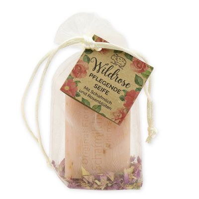 Schafmilchseife eckig 100g mit Rosenblüten im Organzasackerl "Wohlfühlzeit", Wildrose mit Blüten 