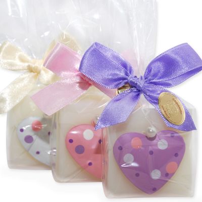 Sheep milk soap quadrat 35g decorated with a pointted heart  in a cellophane, Classic 