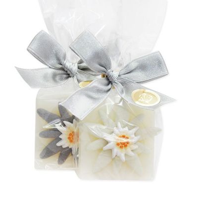 Schafmilchseife Quadrat 35g dekoriert mit Edelweiß in Cello, Classic 