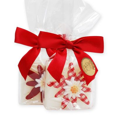 Sheep milk quadrat soap 35g decorated with a red edelweiss in a cellophane, Classic 