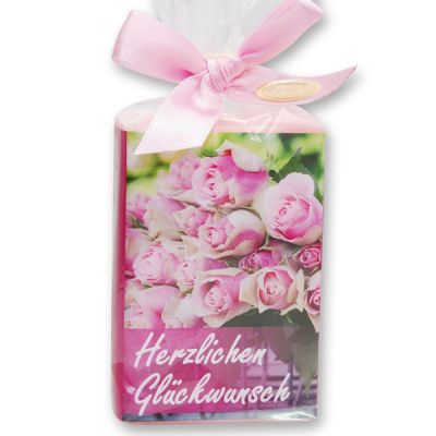 Sheep milk soap 150g in a cellophane bag "Herzlichen Glückwunsch", Peony 