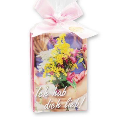 Sheep milk soap 150g in a cellophane bag "Ich hab dich lieb", Peony 