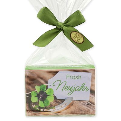 Schafmilchseife eckig 150g in Cello "Prosit Neujahr", Eisenkraut 