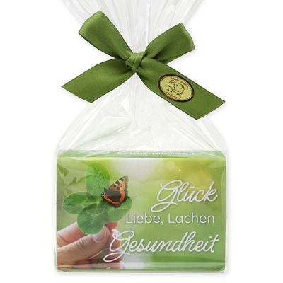 Schafmilchseife eckig 150g in Cello "Glück, Liebe, Lachen, Gesundheit", Eisenkraut 
