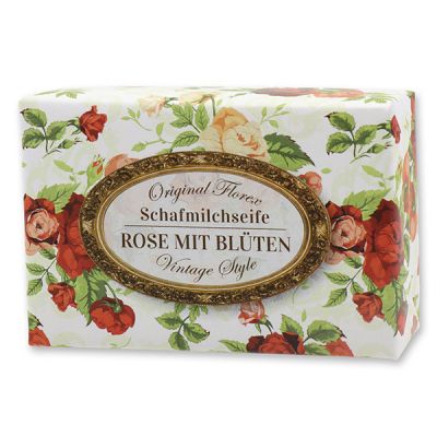 Schafmilchseife eckig 150g "Vintage-Motiv 140", Rose mit Blüten 