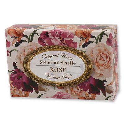 Schafmilchseife eckig 150g "Vintage-Motiv 141", Rose 