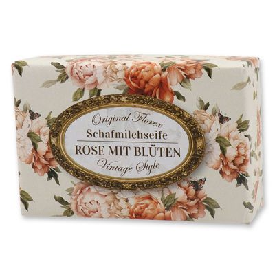 Schafmilchseife eckig 150g "Vintage-Motiv 189", Rose mit Blüten 