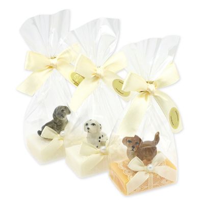 Schafmilchseife Wiener Gästeseife 25g dekoriert mit Hund in Cello, Classic/Zirbe 