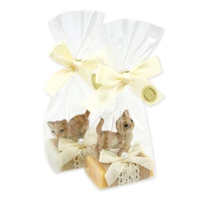 Schafmilchseife Wiener Gästeseife 25g dekoriert mit Katze in Cello, Classic/Zirbe 