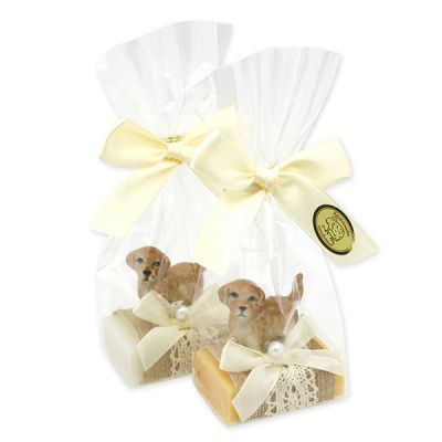 Schafmilchseife Wiener Gästeseife 25g dekoriert mit Hund in Cello, Classic/Zirbe 