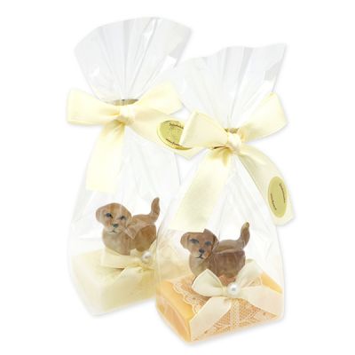 Schafmilchseife Wiener Gästeseife 25g dekoriert mit Hund in Cello, Classic/Zirbe 